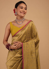 Gold Yellow Saree In Pure Banarasi Silk With Upada Zari Weave Floral Jaal Work