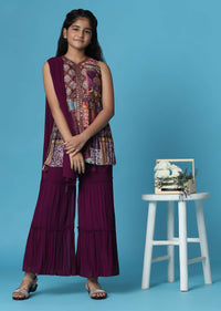 Kalki Grape Purple Printed Kurti And Sharara Set In Georgette For Girls