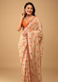 Sand Beige Saree In Muslin With Geometrical Print