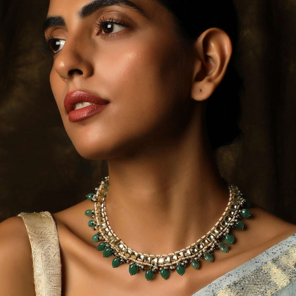 Green Gold Plated Kundan Necklace