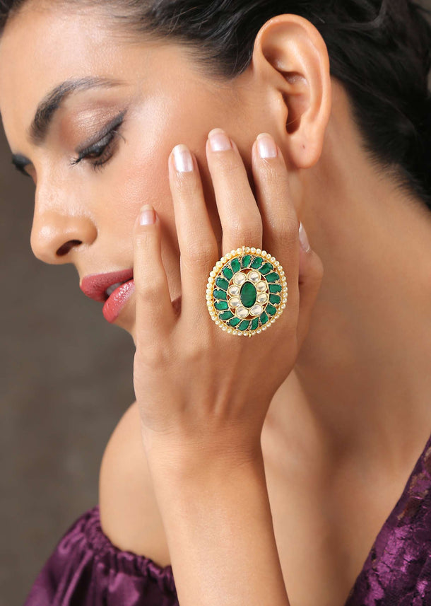 Green Gold Plated Kundan Ring