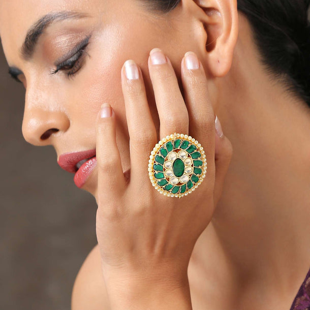 Green Gold Plated Kundan Ring