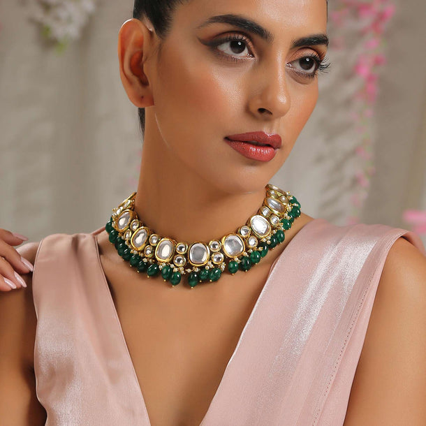 Green Floral Kundan Necklace Set