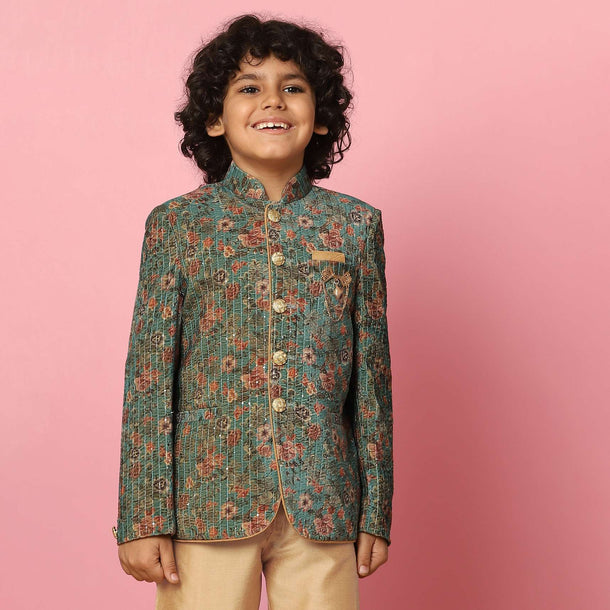 Kalki Green Velvet Sherwani Set With Sequins And Floral Print For Boys