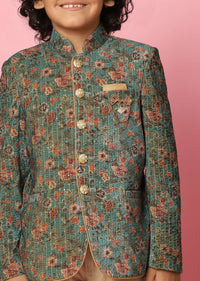 Kalki Green Velvet Sherwani Set With Sequins And Floral Print For Boys