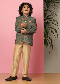 Kalki Green Velvet Sherwani Set With Sequins And Floral Print For Boys