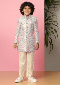 Kalki Grey Printed Sherwani Set In Silk For Boys