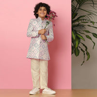 Kalki Grey Printed Sherwani Set In Silk For Boys