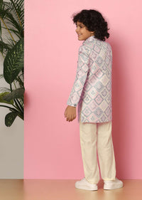 Kalki Grey Printed Sherwani Set In Silk For Boys