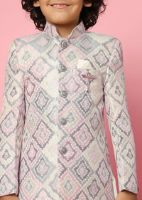 Kalki Grey Printed Sherwani Set In Silk For Boys