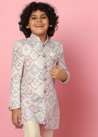 Kalki Grey Printed Sherwani Set In Silk For Boys