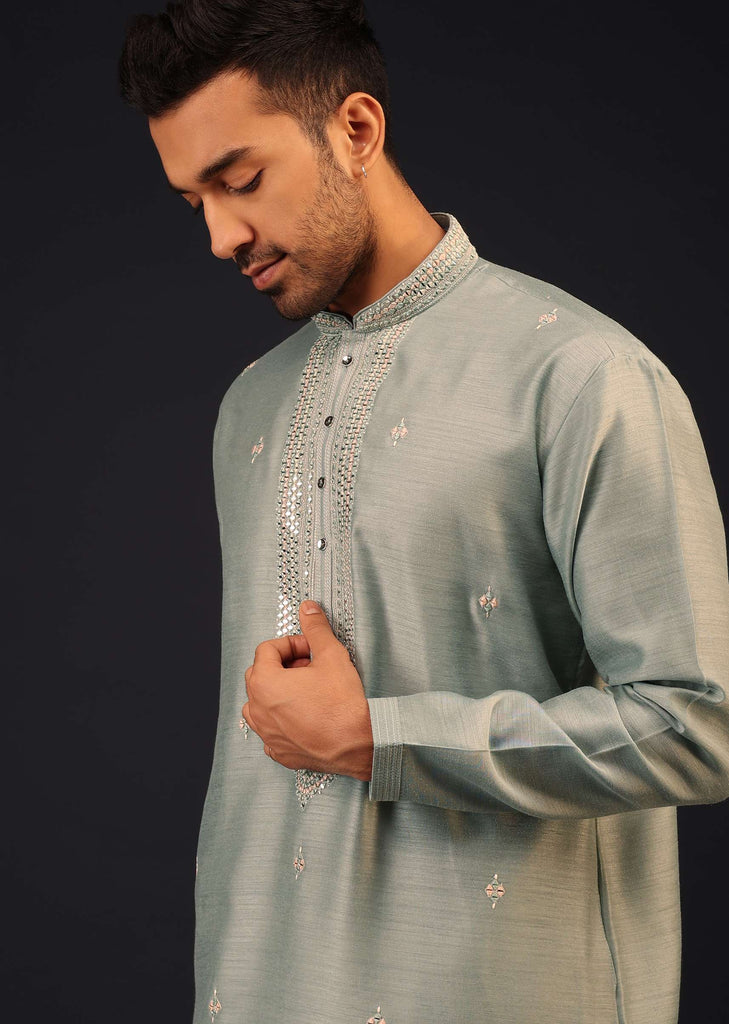 Powder Green Mirror Embroidered Kurta Set