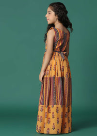 Kalki Honey Yellow Printed Jumpsuit In Georgette For Girls