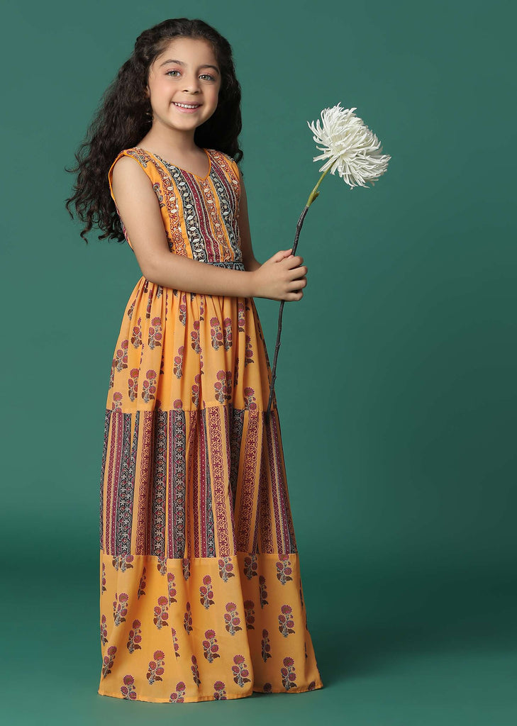 Kalki Honey Yellow Printed Jumpsuit In Georgette For Girls