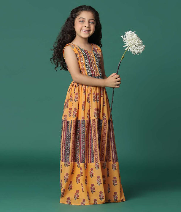 Kalki Honey Yellow Printed Jumpsuit In Georgette For Girls