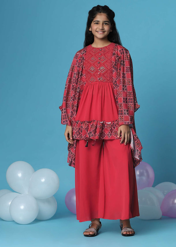 Kalki Hot Pink Embroidered Kurti And Palazzo Set In Georgette With Flared Sleeves For Girls