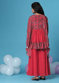 Kalki Hot Pink Embroidered Kurti And Palazzo Set In Georgette With Flared Sleeves For Girls