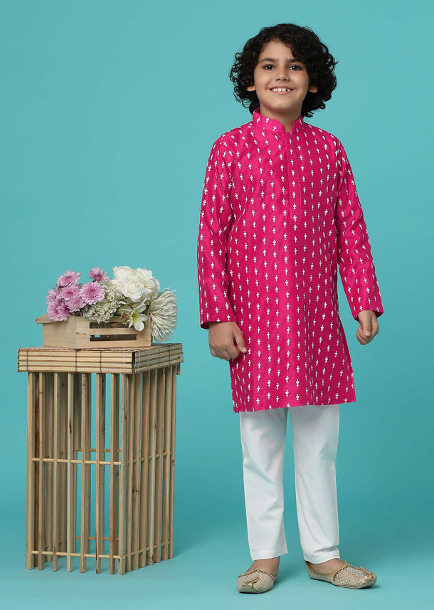 KALKI Hot Pink Kurta Set With Threadwork For Boys