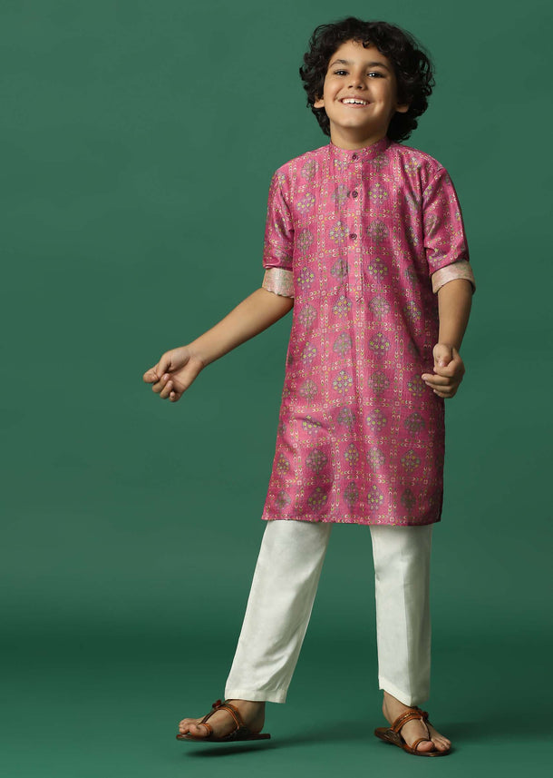 Kalki Hot Pink Printed Kurta Set In Tussar Silk For Boys
