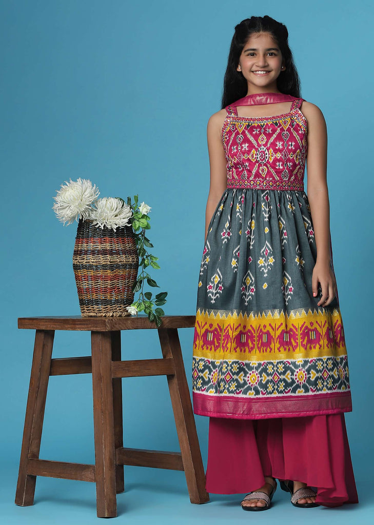 Kalki Hot Pink Printed Kurti And Palazzo Set In Silk For Girls