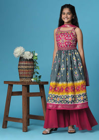 Kalki Hot Pink Printed Kurti And Palazzo Set In Silk For Girls