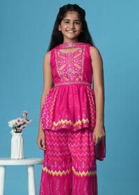 Kalki Hot Pink Printed Silk Kurti And Palazzo Set For Girls