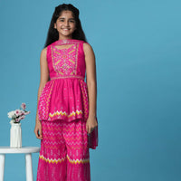 Kalki Hot Pink Printed Silk Kurti And Palazzo Set For Girls