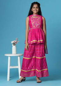 Kalki Hot Pink Printed Silk Kurti And Palazzo Set For Girls