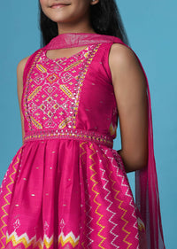 Kalki Hot Pink Printed Silk Kurti And Palazzo Set For Girls