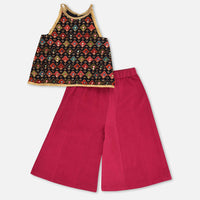 Kalki Hot Pink Top And Palazzo Set In Georgette With Multicolor Embroidery For Girls