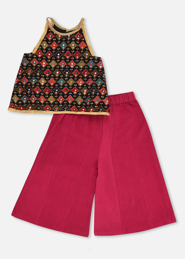 Kalki Hot Pink Top And Palazzo Set In Georgette With Multicolor Embroidery For Girls