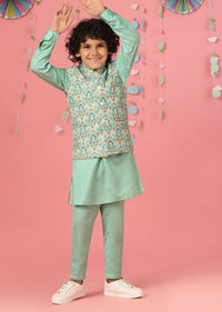 Kalki Ice Green Kurta Set In Silk With Multicolor Bandi Jacket For Boys