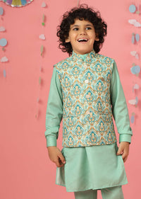 Kalki Ice Green Kurta Set In Silk With Multicolor Bandi Jacket For Boys