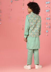 Kalki Ice Green Kurta Set In Silk With Multicolor Bandi Jacket For Boys