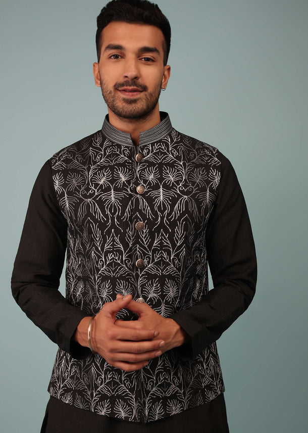 Black Bandi Jacket Set In Silk With Resham And Zari Aari Embroidery
