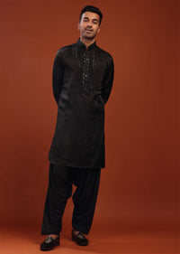 Black Festive Kurta In Mini Silk With Lucknowi Embroidery