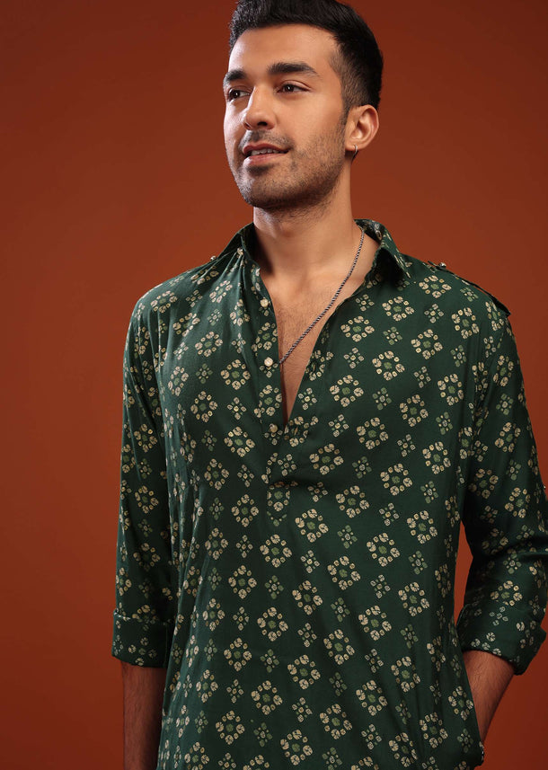 Deep Green Dhoti Kurta In Cotton With Foil Print