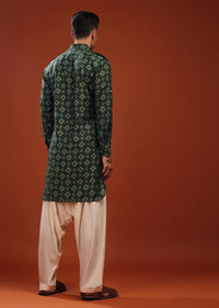 Deep Green Dhoti Kurta In Cotton With Foil Print