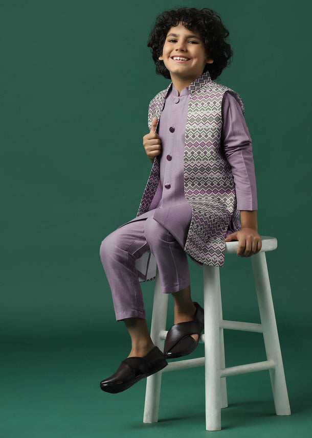 Kalki Lavender Purple Printed Kurta Jacket Set In Silk For Boys