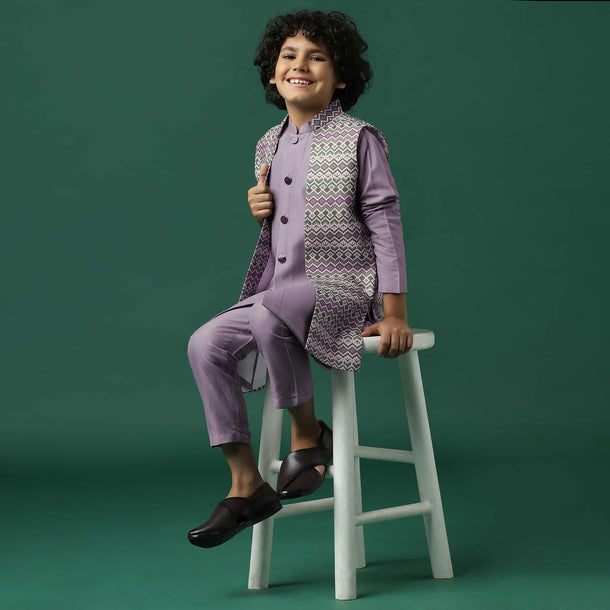 Kalki Lavender Purple Printed Kurta Jacket Set In Silk For Boys
