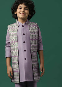 Kalki Lavender Purple Printed Kurta Jacket Set In Silk For Boys