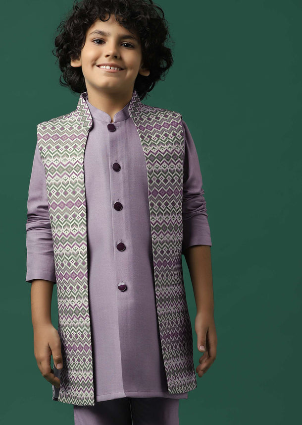 Kalki Lavender Purple Printed Kurta Jacket Set In Silk For Boys