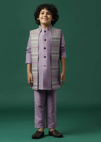 Kalki Lavender Purple Printed Kurta Jacket Set In Silk For Boys