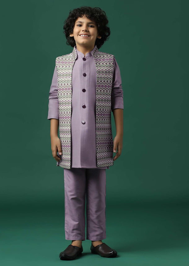 Kalki Lavender Purple Printed Kurta Jacket Set In Silk For Boys
