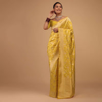 Lemon Yellow Saree In Pure Banarasi Silk With Upada Zari Weave Floral Jaal Work