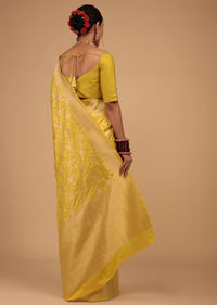 Lemon Yellow Saree In Pure Banarasi Silk With Upada Zari Weave Floral Jaal Work