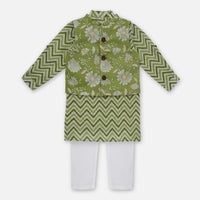Kalki Lime Green Printed Jacket Kurta Set In Cotton For Boys