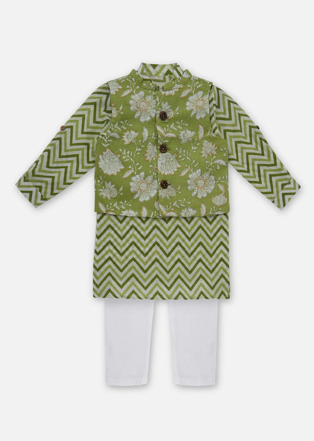 Kalki Lime Green Printed Jacket Kurta Set In Cotton For Boys