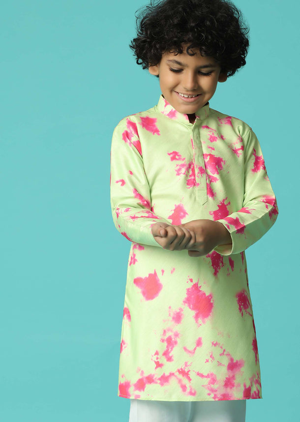 Kalki Lime Green Printed Kurta Set In Silk For Boys