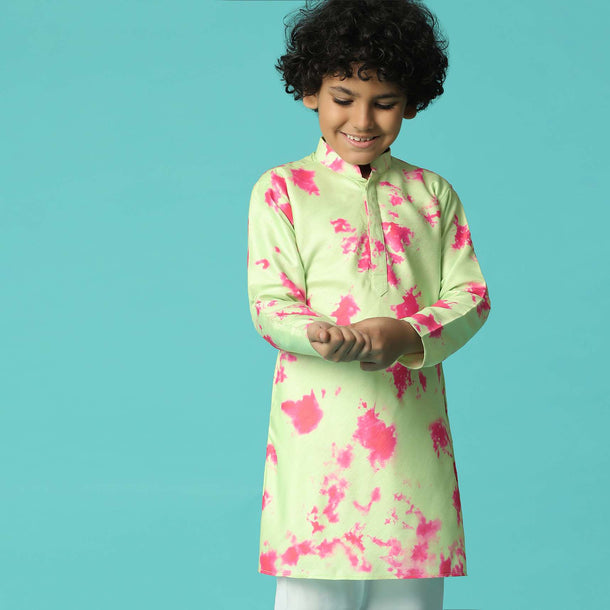 Kalki Lime Green Printed Kurta Set In Silk For Boys